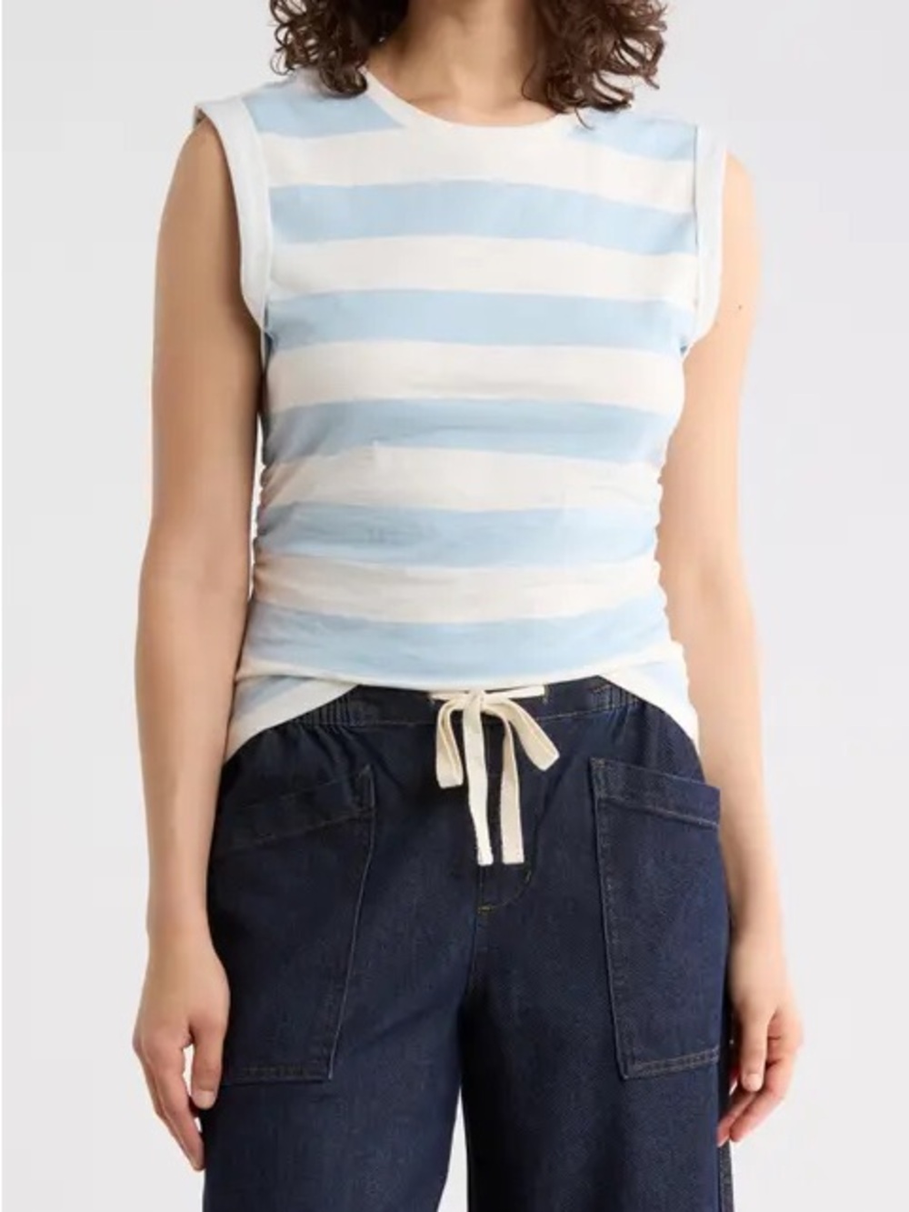 Sanctuary XS Blue and White Striped Rusched Side Muscle Tank